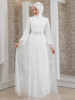 Taş Detaylı Tüllü Ekru Abiye Elbise