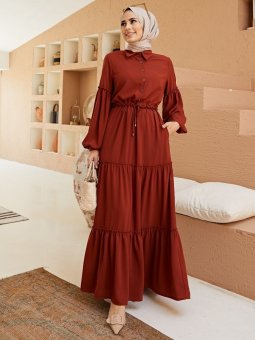 Beli Bağcıklı Kiremit Elbise