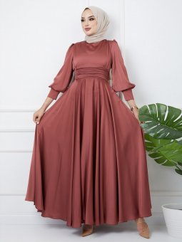 Beli Pilise Detaylı Kuşaklı Gül Kurusu Abiye Elbise