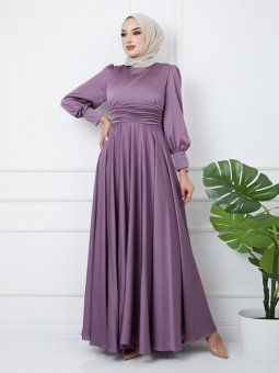 Beli Pilise Detaylı Kuşaklı Koyu Lila Abiye Elbise