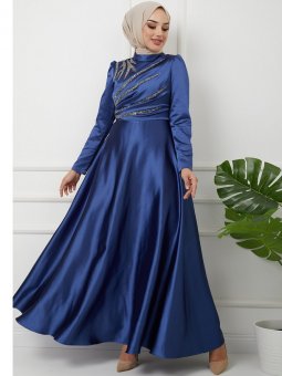 Önü Volan ve Taş Detaylı Saten İndigo Abiye Elbise