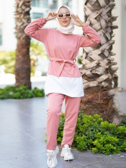Belinden Kuşaklı Etek Kısmı Garnili İkili Derin Pembe Takım