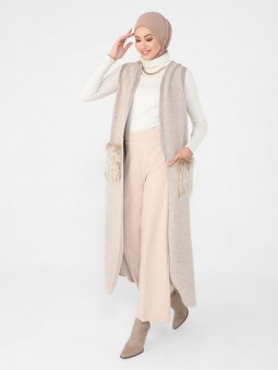 Cepleri Kürk Detaylı Triko Vizon Yelek