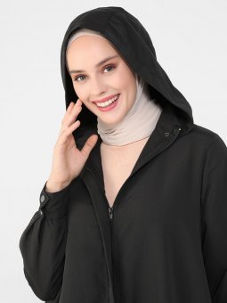 Çıkarılabilir Kapüşonlu Siyah Trençkot