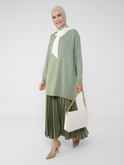 Yakası Fırfırlı Triko Nil Yeşili Tunik