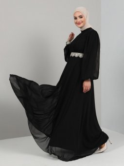 Bel Ve Kol Ucu Dantel Detaylı Siyah Abiye Elbise