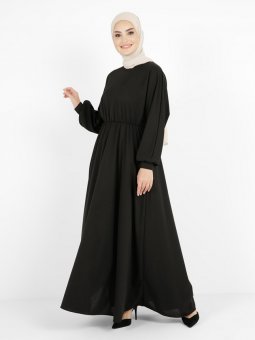 Kuşaklı Beli Lastikli Siyah Elbise