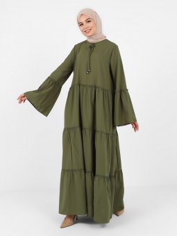 Yakası Fiyonk Detaylı Katlı Haki Elbise