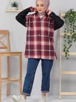 Kapitone Detaylı Ekose Mürdüm Ceket