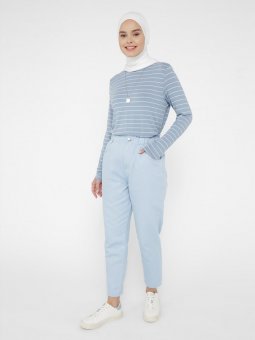 Beli Lastikli Havuç Form Mavi Kot Pantolon