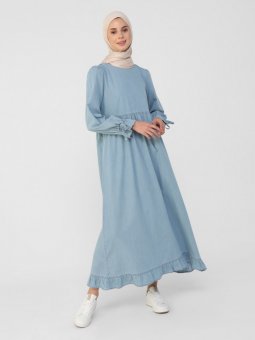 Doğal Kumaşlı Boydan Düğmeli Kot Buz Mavisi Elbise
