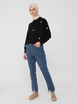 Doğal Kumaşlı Paçası Yırtmaçlı İndigo Kot Pantolon