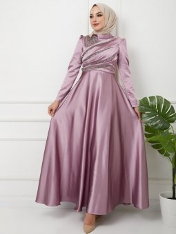 Önü Volan Ve Taş Detaylı Saten Koyu Lila Abiye Elbise