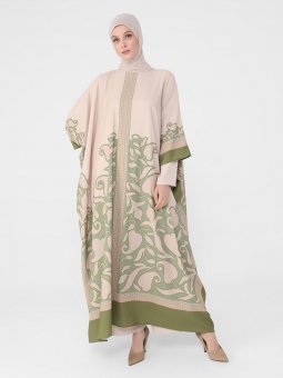Çiçek Desenli Abiye Bej Yeşil Ferace