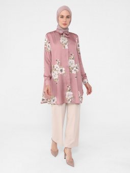 Gül Kurusu Geniş Kesim Çiçek Desenli Saten Tunik