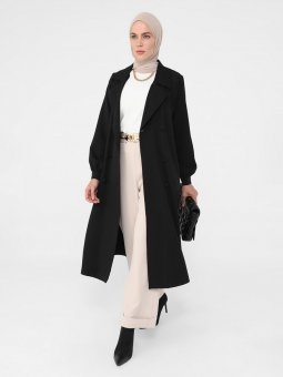 Kemerli Siyah Trençkot