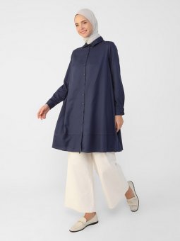 Oxford Kumaştan Düğmeli Mevlana Lacivert Gömlek