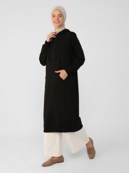 Siyah Kanguru Cepli Kapüşonlu Sweatshirt