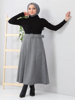 Balıksırtı Desenli Mevlana Gri Etek