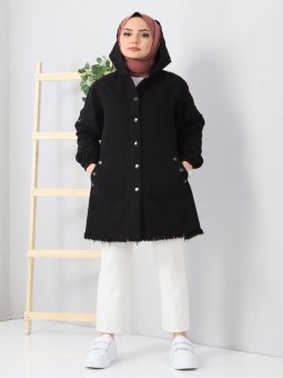 Kapüşonlu Cepli Kot Siyah Kap