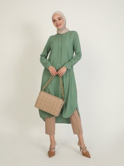 Gizli Düğmeli Detaylı Çizgili Açık Yeşil Tunik