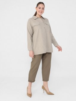 Büyük Beden Cep Detaylı Pamuklu Bej Ceket