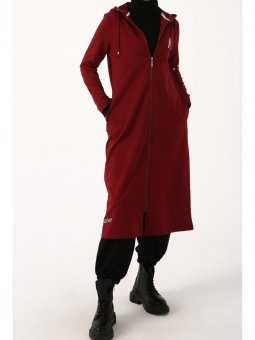 Bordo Baskılı Kapüşonlu Hırka