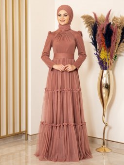 Eteği Firfirli Tül Soğan Kabuğu Abiye Elbise