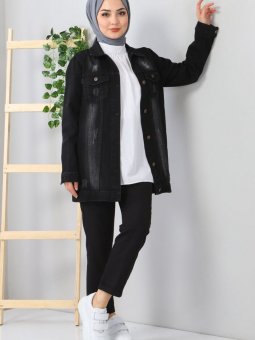 Düğmeli Kot Siyah Ceket