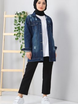 Düğmeli Koyu Kot Ceket