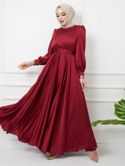 Kemer Aksesuarlı Kloş Bordo Abiye Elbise