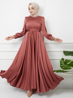 Kemer Aksesuarlı Kloş Gül Kurusu Abiye Elbise