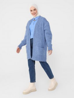 Cep Detaylı Triko İndigo Hırka