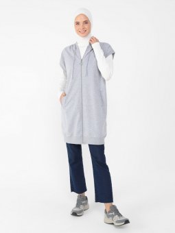 Gri Melanj Boydan Fermuarlı Kapüşonlu Kolsuz Sweatshirt