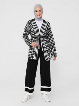 Kuşak Detaylı Deseni Triko Siyah Hırka