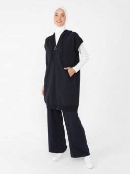 Lacivert Boydan Fermuarlı Kapüşonlu Kolsuz Sweatshirt