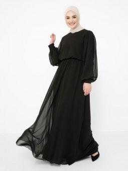 Balon Kollu Payetli Siyah Abiye Elbise