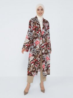 Doğal Kumaşlı Çiçek Desenli Kuşaklı Kahverengi Kap