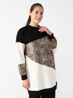 Büyük Beden Leopar Desenli Siyah Ekru Tunik