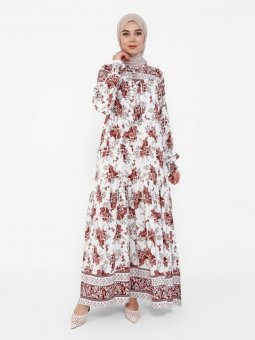 Doğal Kumaşlı Çiçek Desenli Bordo Elbise