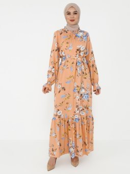 Doğal Kumaşlı Kuşak Detaylı Desenli Somon Elbise