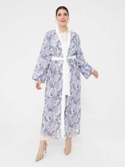 Büyük Beden Doğal Kumaşlı Kuşak Detaylı Desenli Lila Ekru Kap