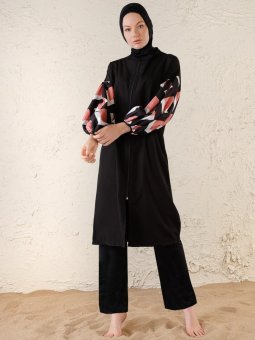 Ekose Kol Siyah Tam Kapalı Mayo