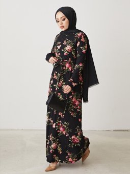 Desenli Siyah Kırmızı Elbise