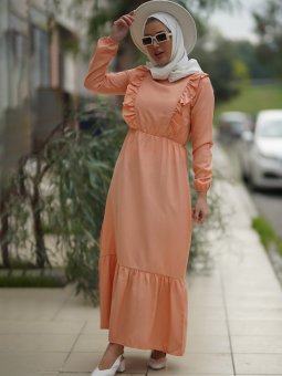 Göğüs Fırfırlı Somon Elbise