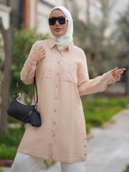 Yandan Üç Düğmeli Çift Cepli Camel Gömlek Tunik