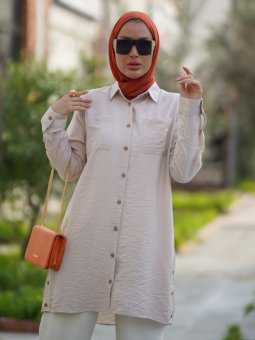 Yandan Üç Düğmeli Çift Cepli Taş Gömlek Tunik