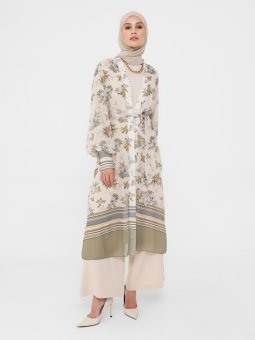 Çiçek Desenli Kuşaklı Şifon Bej Yeşil Ferace Kimono