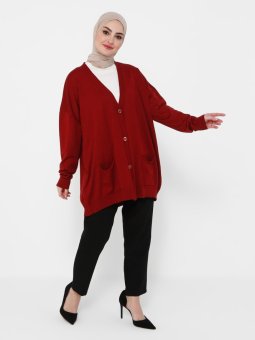Cep Detaylı Düğmeli Triko Bordo Hırka