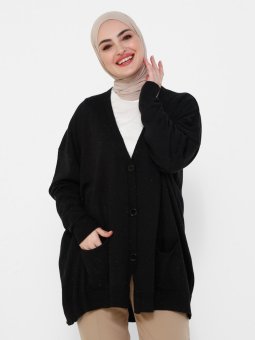 Cep Detaylı Düğmeli Triko Siyah Hırka